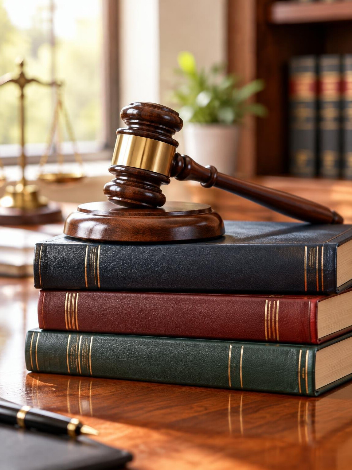 Wooden gavel and law books on a desk