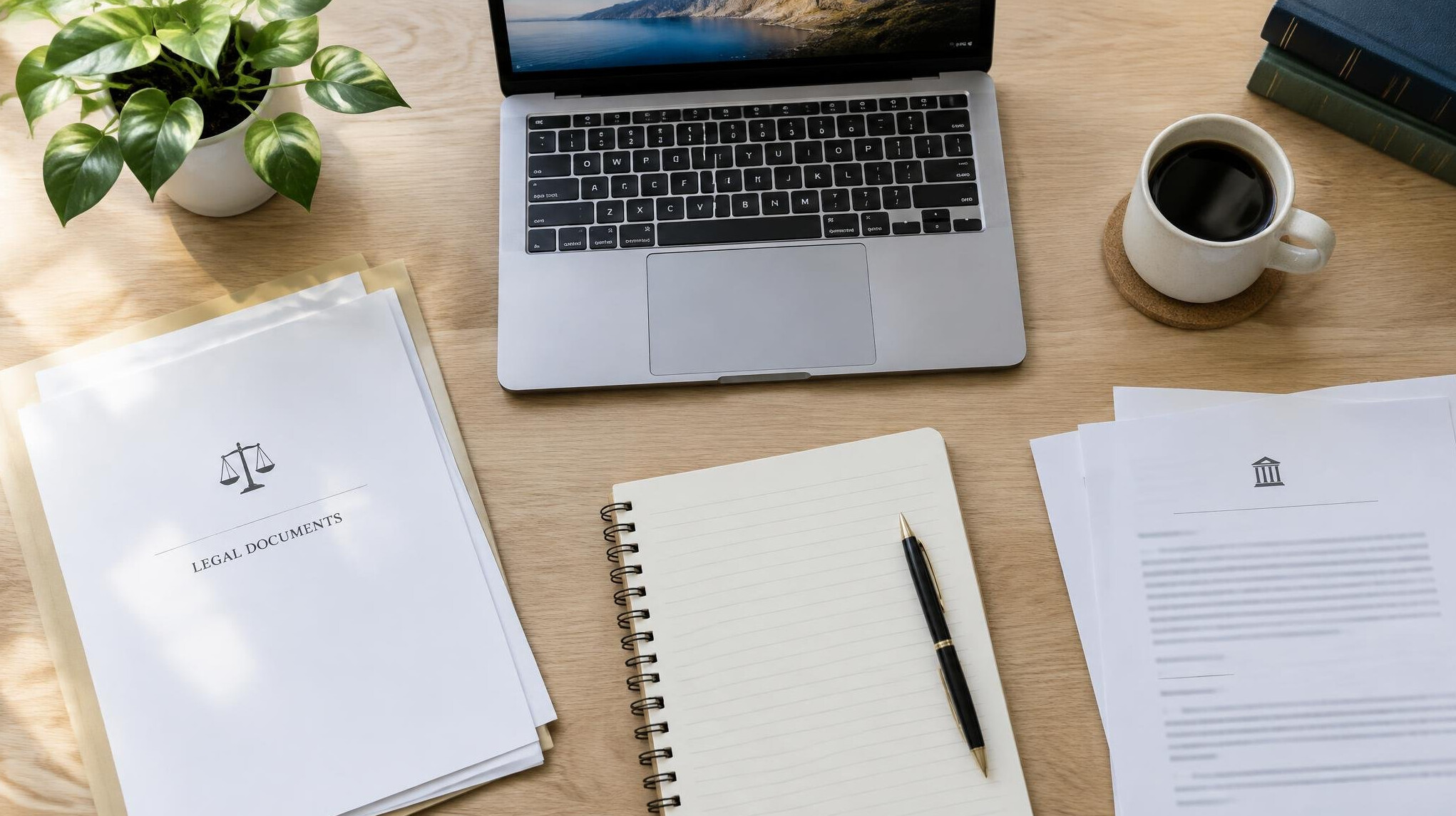 Laptop and printed documents on a desk with notes