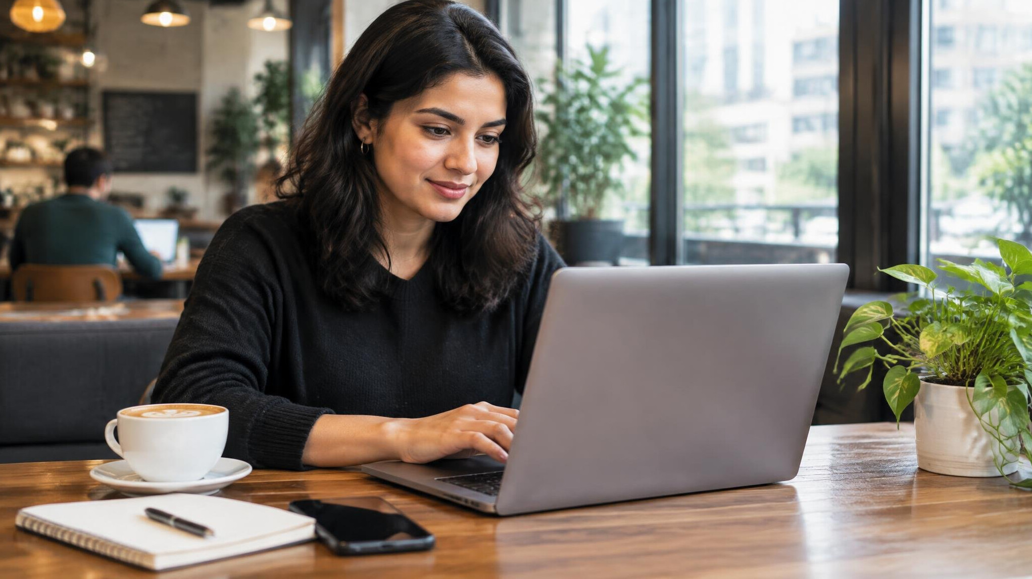 woman working on laptop in cafe