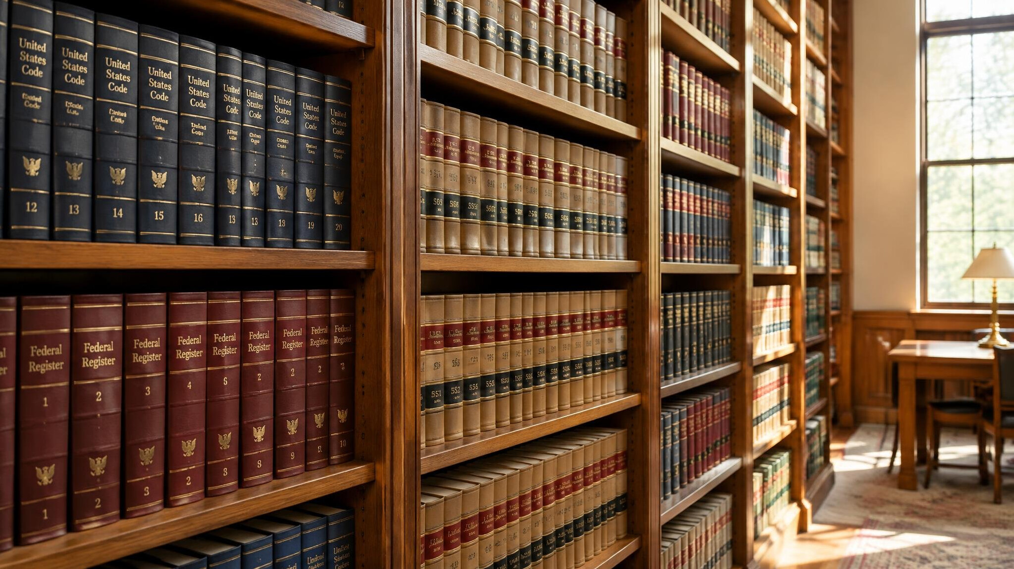 Library shelves with law books